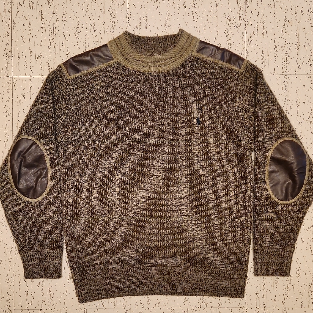 Polo Ralph Lauren Brown Leather Knit Heavy Weight Crewneck Sweater Vintage 90s